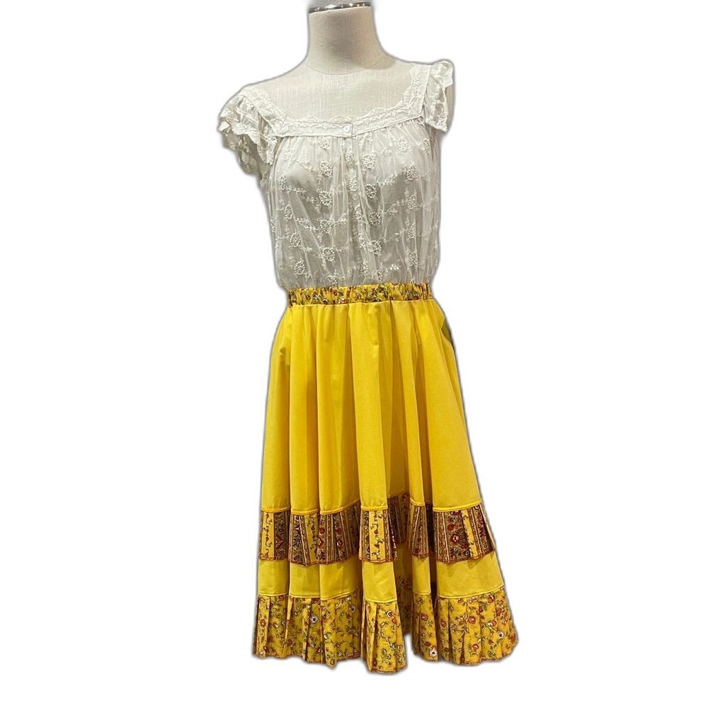 Handmade upcycled bright yellow gold full circle skirt with flounce & ruffle, M - Picture 2 of 6